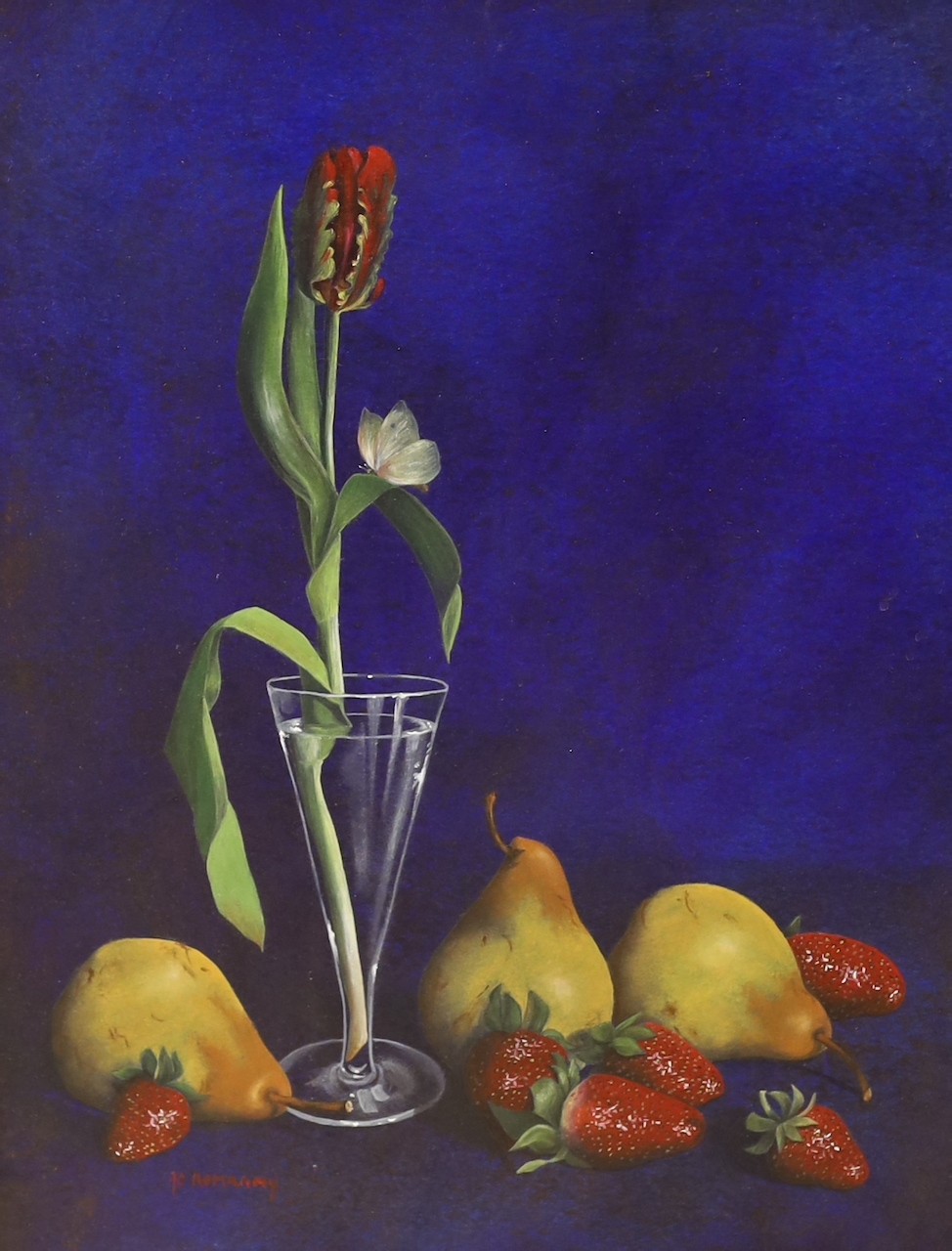 Marie Claire Romagny (French, 20th C.), oil on board, 'The Butterfly', signed, Chelsea Arts Society label verso, 44 x 34cm